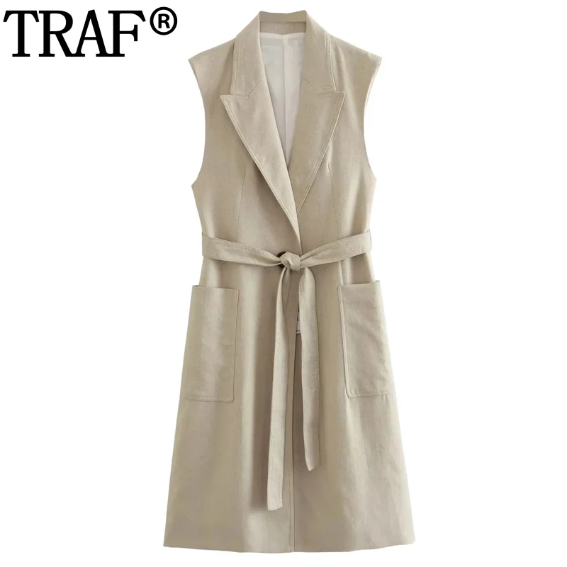 

TRAF Womens 2023 Long Vest Woman Sleeveless Vests For Women Office Casual Summer Jacket Waistcoat Belted Elegant Womens Jackets