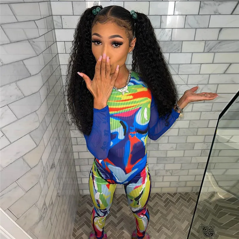 

Женский комплект из двух предметов с эстетичным принтом Y2K, уличная одежда с принтом, пикантные боди с круглым вырезом и длинными сетчатыми ...