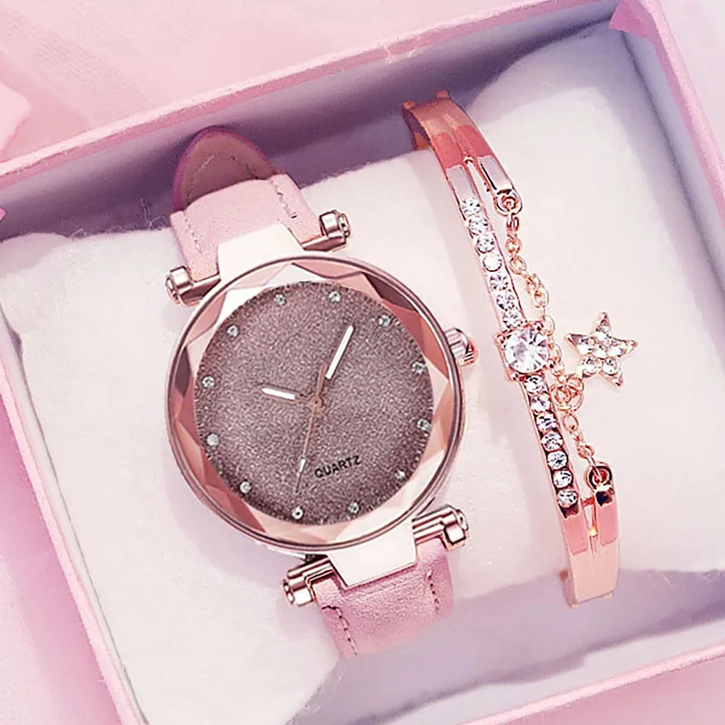 

Silver Powder Rhinestone diamond face ladies frosted leather strap ladies casual trend two-piece set wristwatch