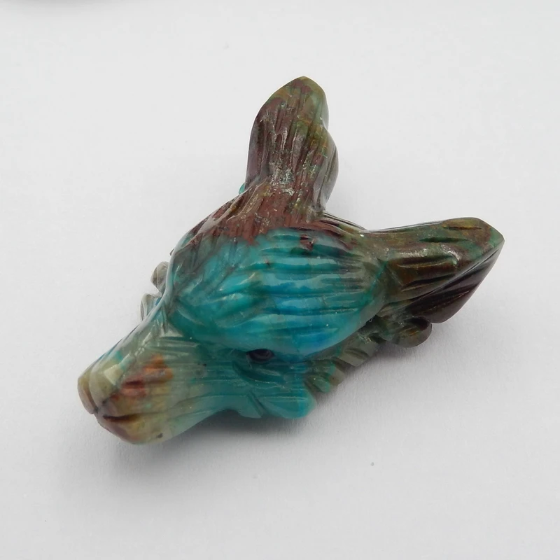 

Handmade Chrysocolla Carved Wolf Head Pendant Bead 36x25x15mm13.3g