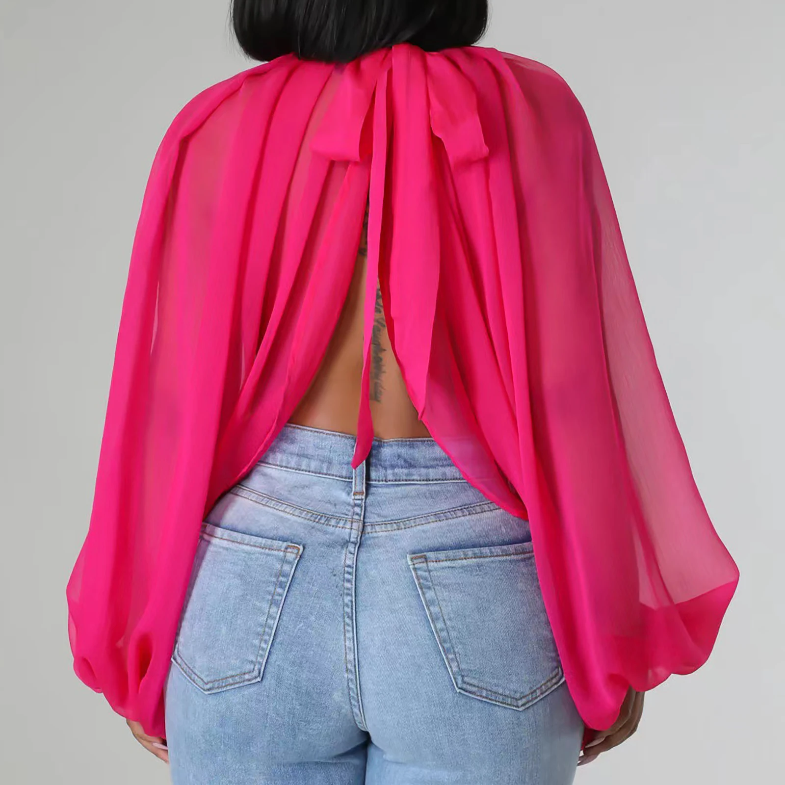 Womens Chiffon Sheer See Through Long Sleeve Mock Neck Tie Up Open Front And Back Loose Tops Cover Up Blouse Feshion Female Wear
