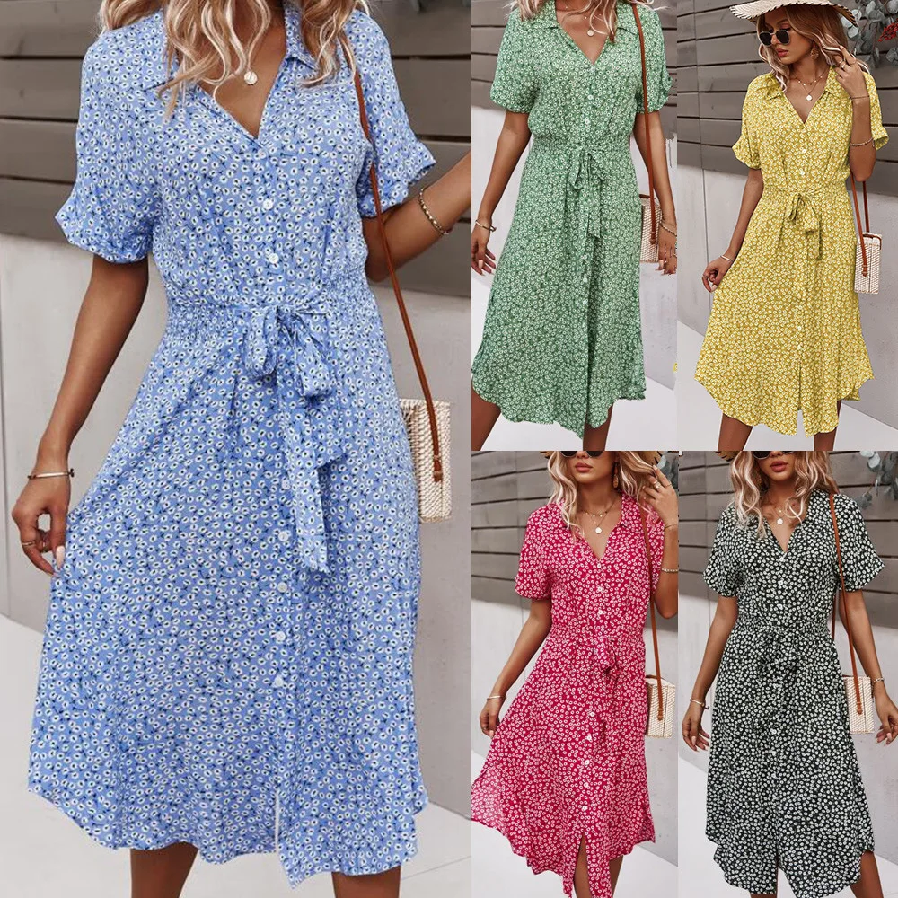 

Женское винтажное платье-рубашка свободного кроя, дизайнерское повседневное однобортное платье во французском стиле с цветочным принтом, поясом и широкой юбкой для отпуска на лето