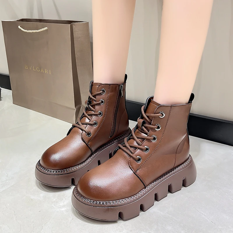 Genuine Leather Platform Ankle Boots Womens New with Zipper Rubber Foam Bottom British Style Comfortable Plus Pile Short Boots