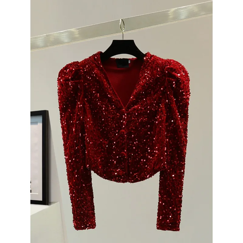 Осень и зима новый высококачественный короткий красный бархатный топ с