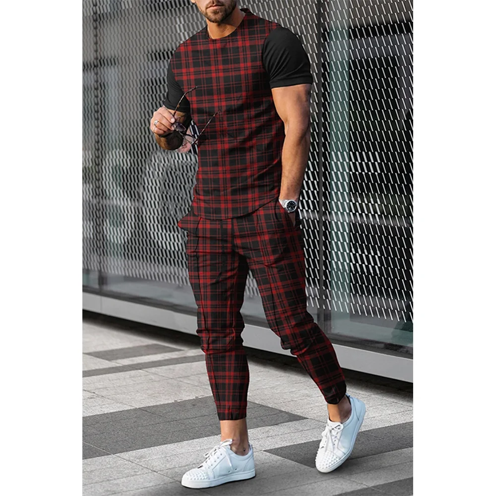 2023 Summer Men's New Extra Large 3D Striped Checkered T-shirt+Pants Two Piece Fashion Casual Street Sportswear Europe