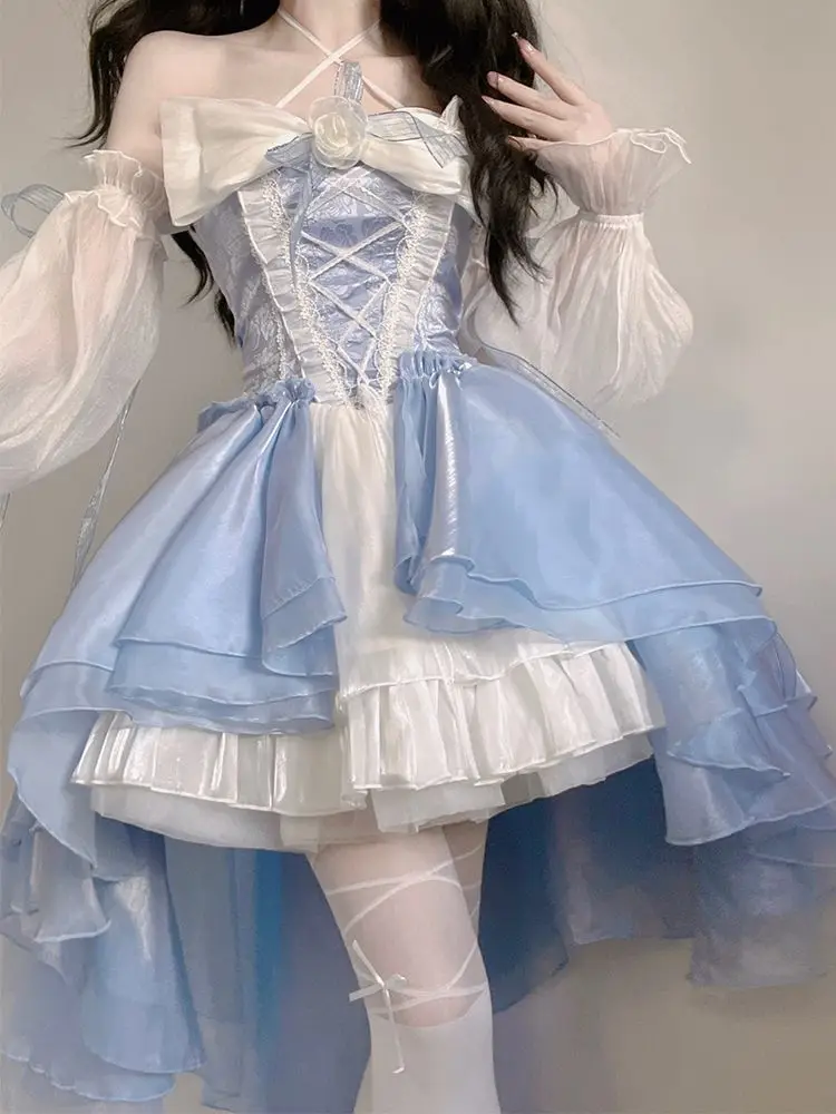 

French Romantic Style Lolita Op Elegant Girl Cosplay Princess Puff Sleeve Ribbon Bowknot Flower Tunic Mesh Fantastic Fairy Dress