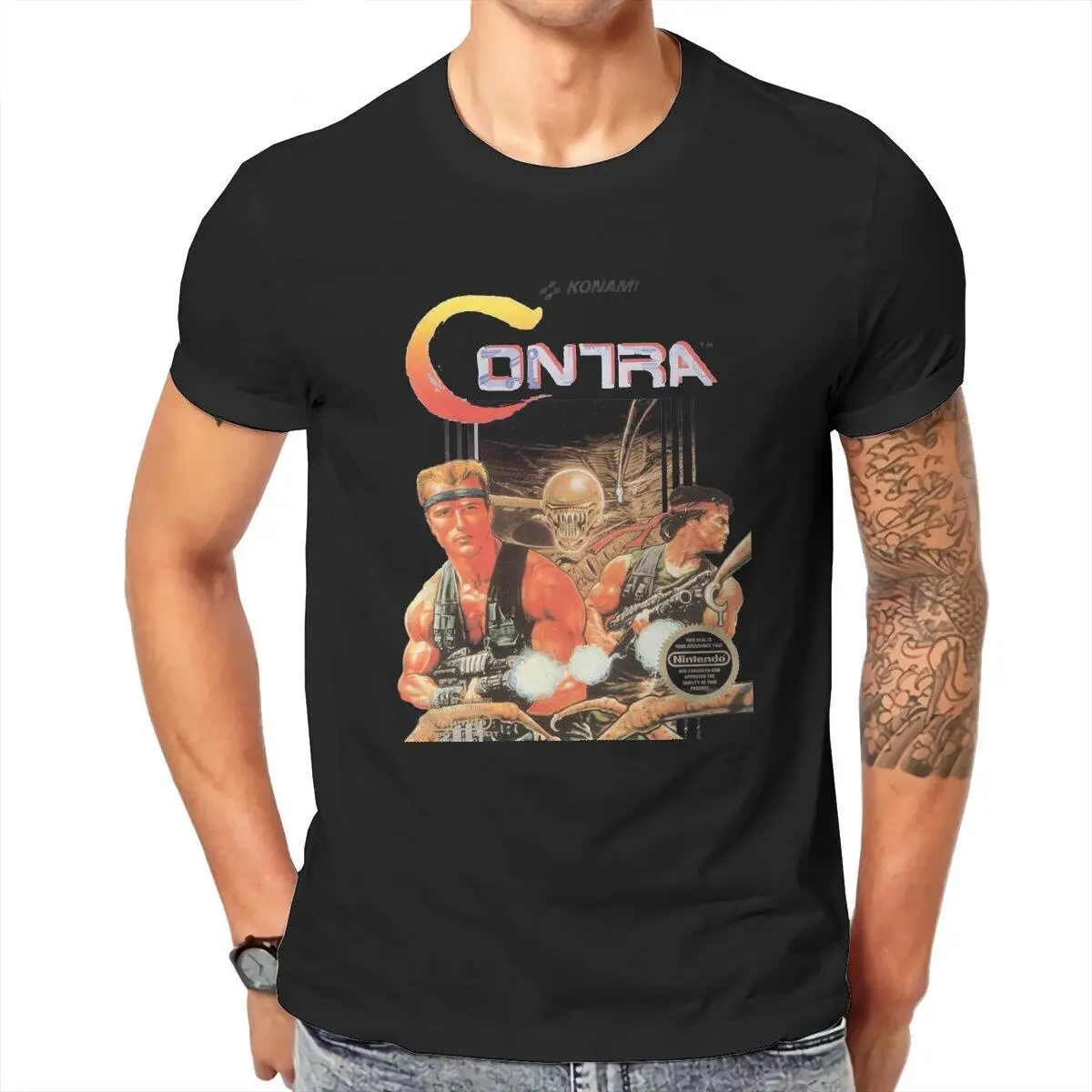 Men's NES Contra Cover  T Shirt Retro Video Game 100% Cotton Tops Funny Short Sleeve Round Collar Tees Gift Idea T-Shirt