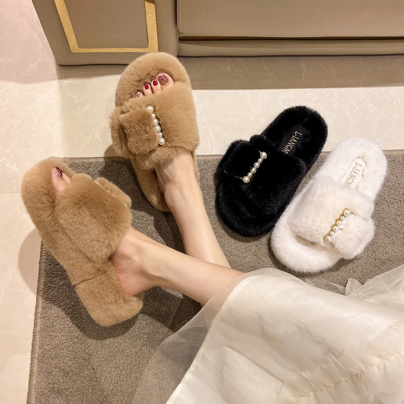 

Женские меховые тапочки, домашние плюшевые тапочки, пушистые теплые тапки с открытым носком, осень 2022