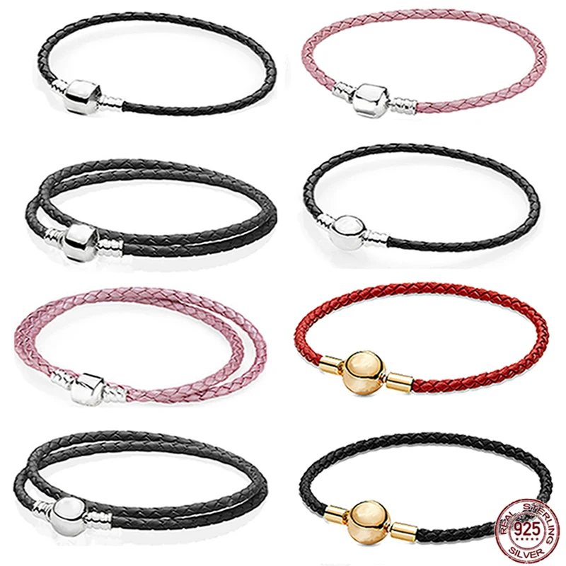

New 925 Sterling Silver Pink Leather Double Circle Fashion Charm Bracelet fit Original Pandora Charm Beads DIY Fine Jewelry Gift