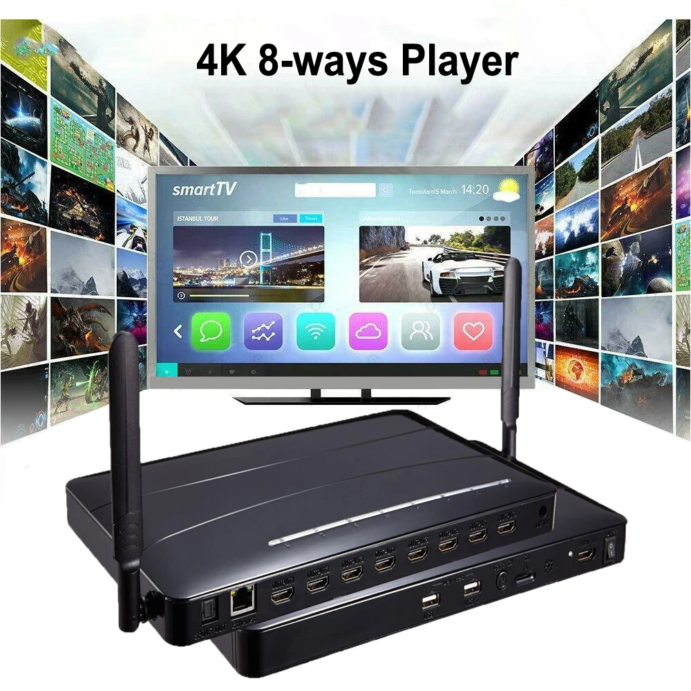 

4K 8 Ways HDMI Multimedia Player Multi Media TF Card USB U Flash Drive Video Player Android 4.4 TV Box for TV Stores Projector