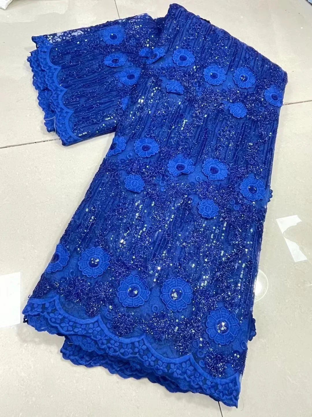 2022 Latest Royal blue French Net Lace Fabric African Sequin Party Lace Fabric Nigerian Mesh Tulle Lace New Material Fabric