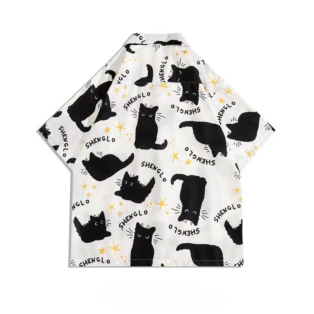 ERIDANUS Cartoon Cat Printing Cute Couples Short-sleeved Pocket Shirt Ins All-match Loose Design Niche Casual Men's Shirt MCS198