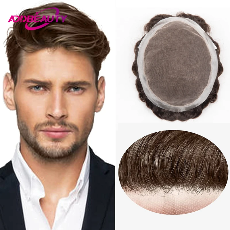 Men Capillary Prosthesis Swiss Lace PU Human Hair Wigs Indian Remy Hair Sytsem Unit Frontal Lace Toupee Hairpiece Natural Color