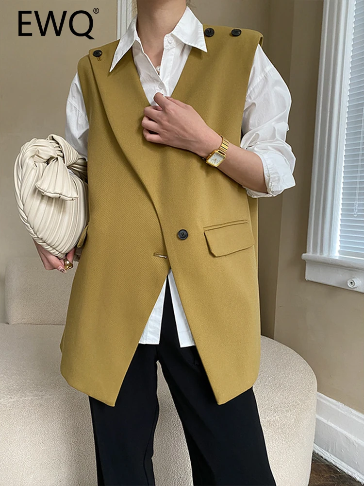 

EWQ Irregular Blazer Cardigan Vest For Women V-neck Sleeveless Single Button Loose Fashion Jackets 2023 New Spring 26D325