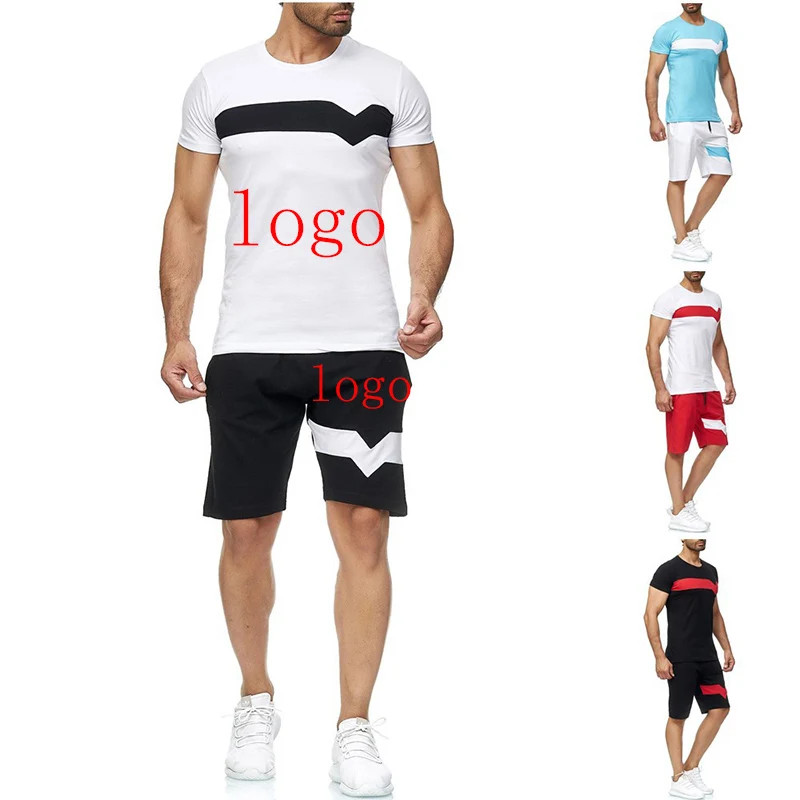 

2022 Logo Customization Set Sportswear Patchwork Tracksuits Men's Fashion Two Pieces Summer T-Shirt+Shorts Sports Suit