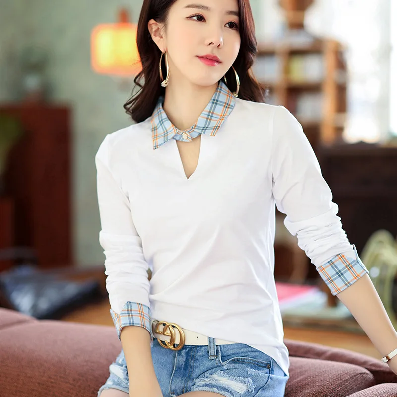 

2022 spring long-sleeved t-shirt women's plaid shirt lapel contrast color temperament sweet all-match Korean T-shirt