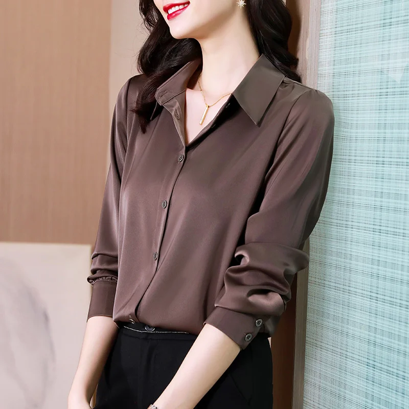 

#1774 Elegant Satin Women Shirts Polo-neck Solid Color Silk Shirt Womens Tops And Blouses Office Lady Long Sleeve Khaki Brown