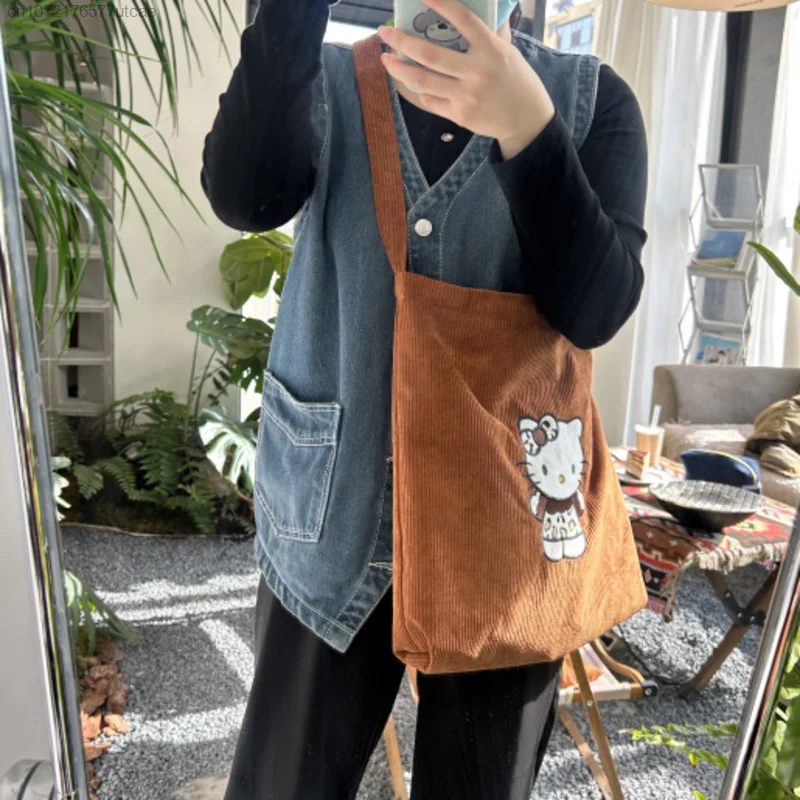 Sanrio Вышитые милые Мультяшные сумки с ручками Hello Kitty Y2k Женская Вельветовая сумка