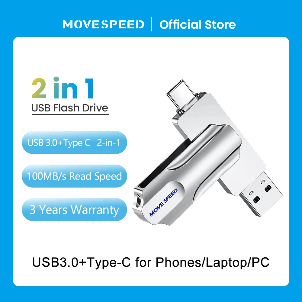 USB флеш накопитель MOVESPEED 2 в 1, металлический, 3,0/128/256/512 ГБ