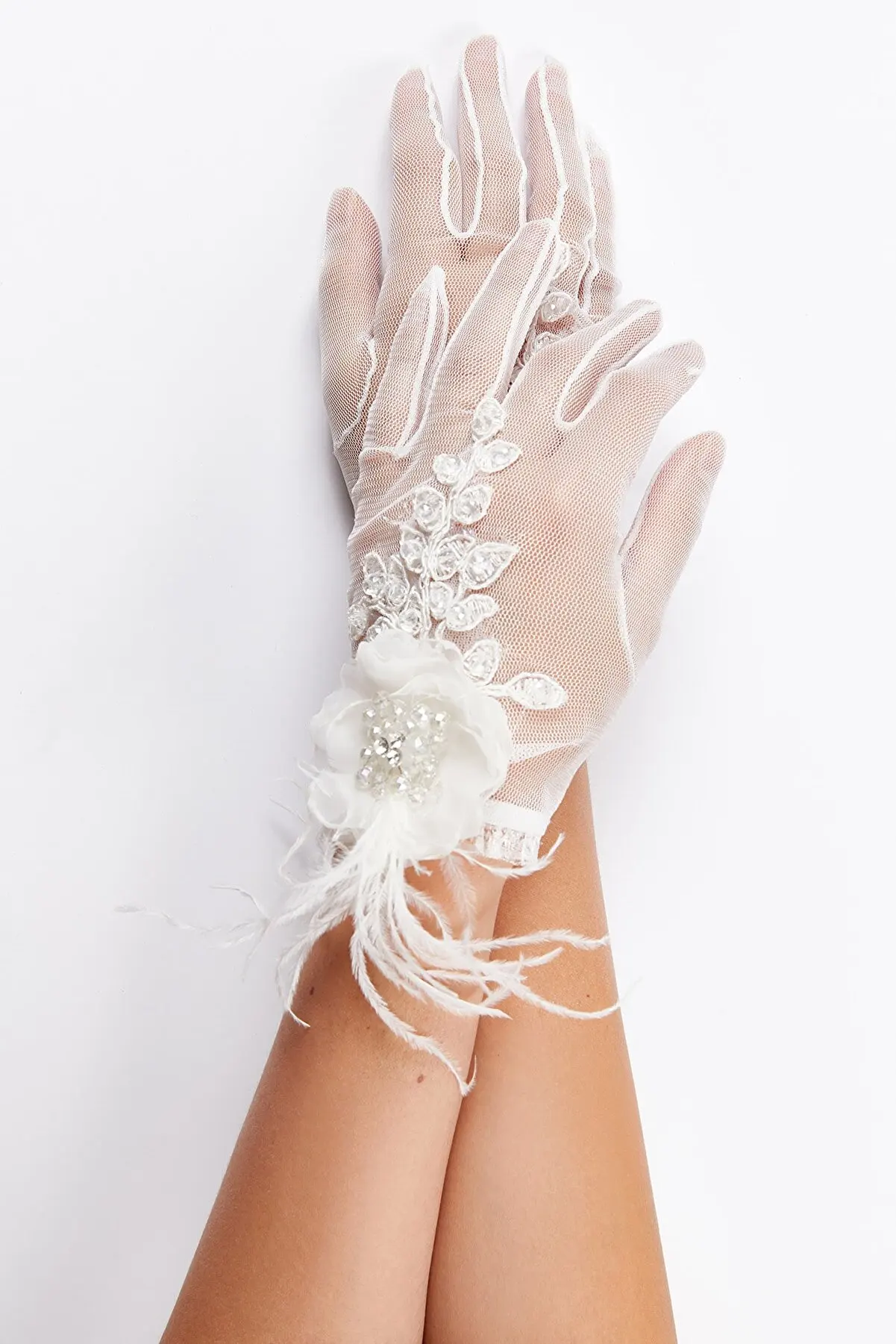 

Women ivory color floral detailed tulle bridal gloves lace mesh bridal transparent elegant fishnet silk tulle guipure