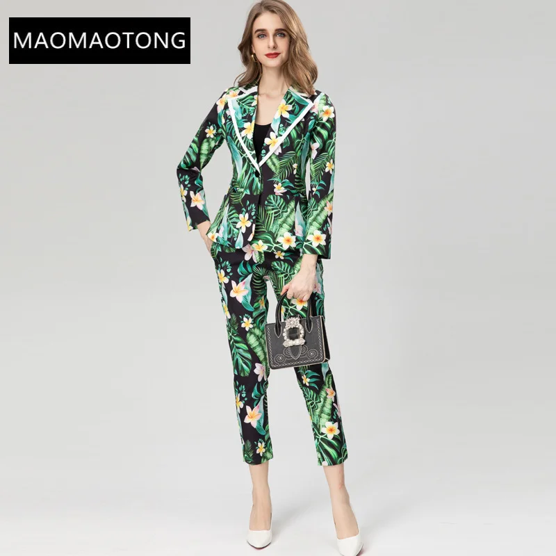 

blazer pant suits for women set office 2023 Runway Spring Long -sleeved Green Flower print Long jacket coats+ Pants 2 Piece Suit