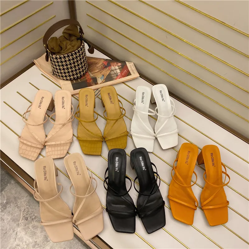 

Summer women sandals narrow band vintage square toe high heels cross strap thong sandals women V shape design shoes women