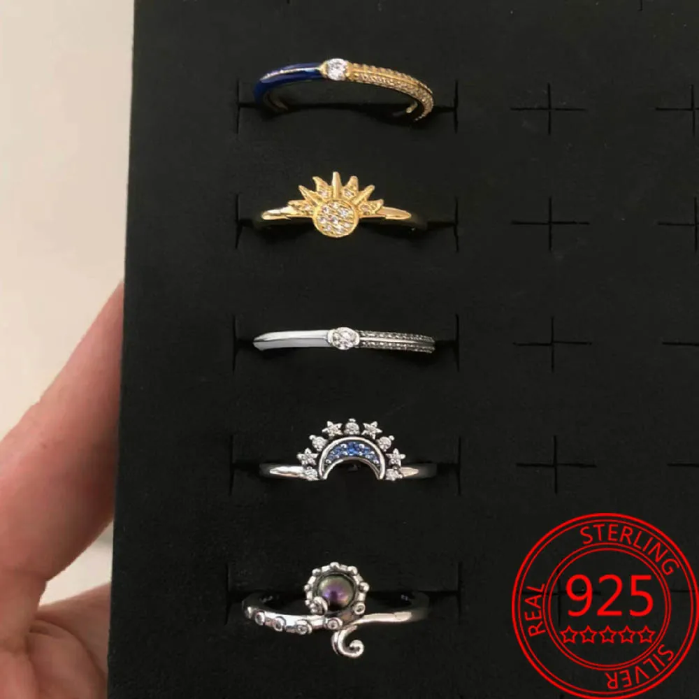 2023 New Disney 925 Sterling Silver Disney Cinderella Blue Tiara Ring for Women Silver Finger Ring DIY Silver Jewelry