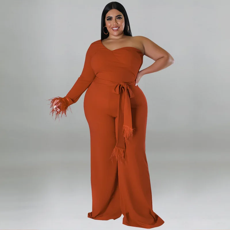 

KEXU Vintage Feather Hem One Sleeve Skew Neck with Sashes High Waist Jumpsuit Plus Size Women Curve Female Straight Romper