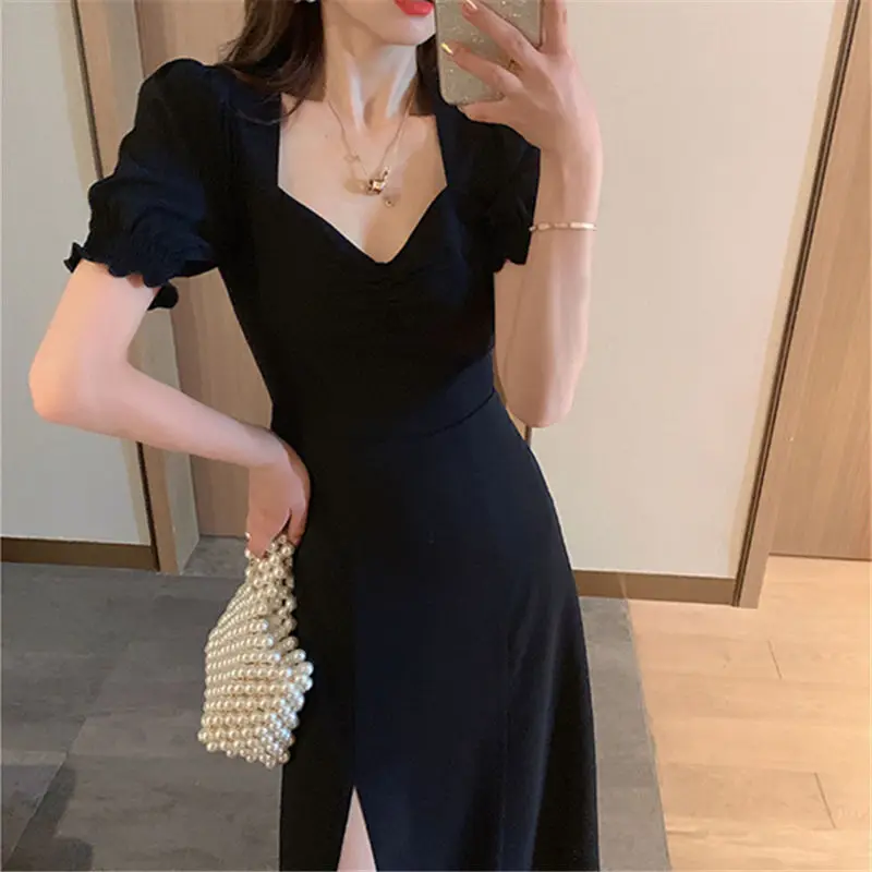 

Women Black Dress Summer Vintage Slit Sexy Skinny Bodydon Dress Fashion Elegant V Neck High Waist Short Puff Sleeve Dress Female