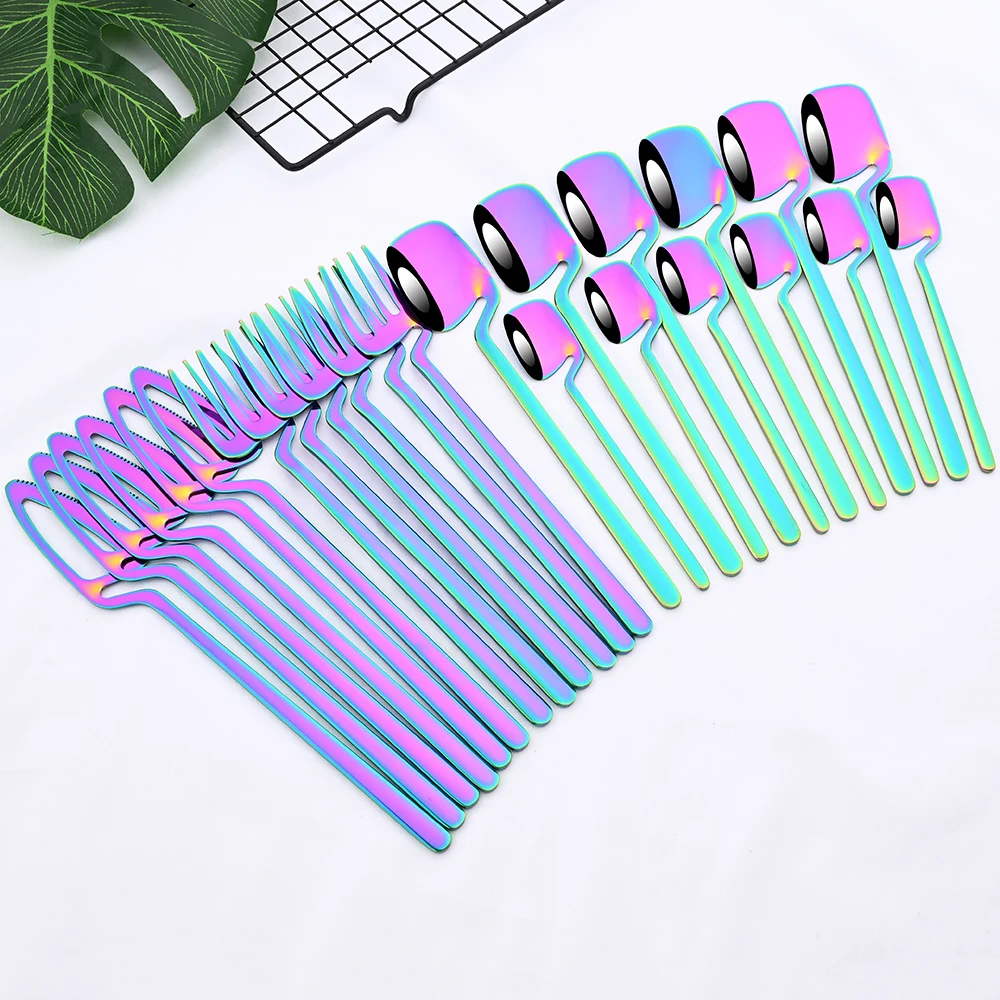

24Pcs Rainbow Tableware Stainless Steel Dinner Cutlery Set Dinnerware Kitchen Party Knife Fork Spoon Flatware Silverware Set
