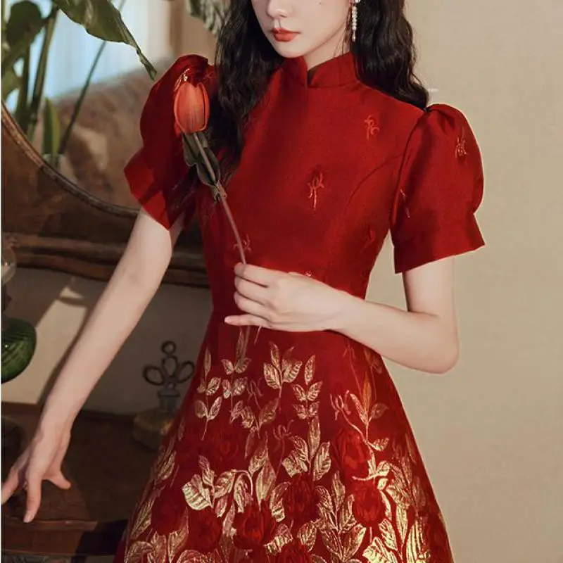 Bronzing Flower A-Line Chinese Dresses Puff Sleeve Qipao Exquisite Celebrity Banquet Gown Women Cheongsam Formal Party Dress