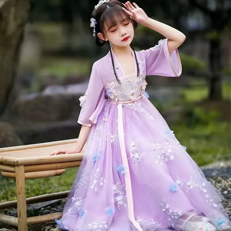 Стильное летнее платье Hanfu для девочек новый дизайн 2024 детское принцессы