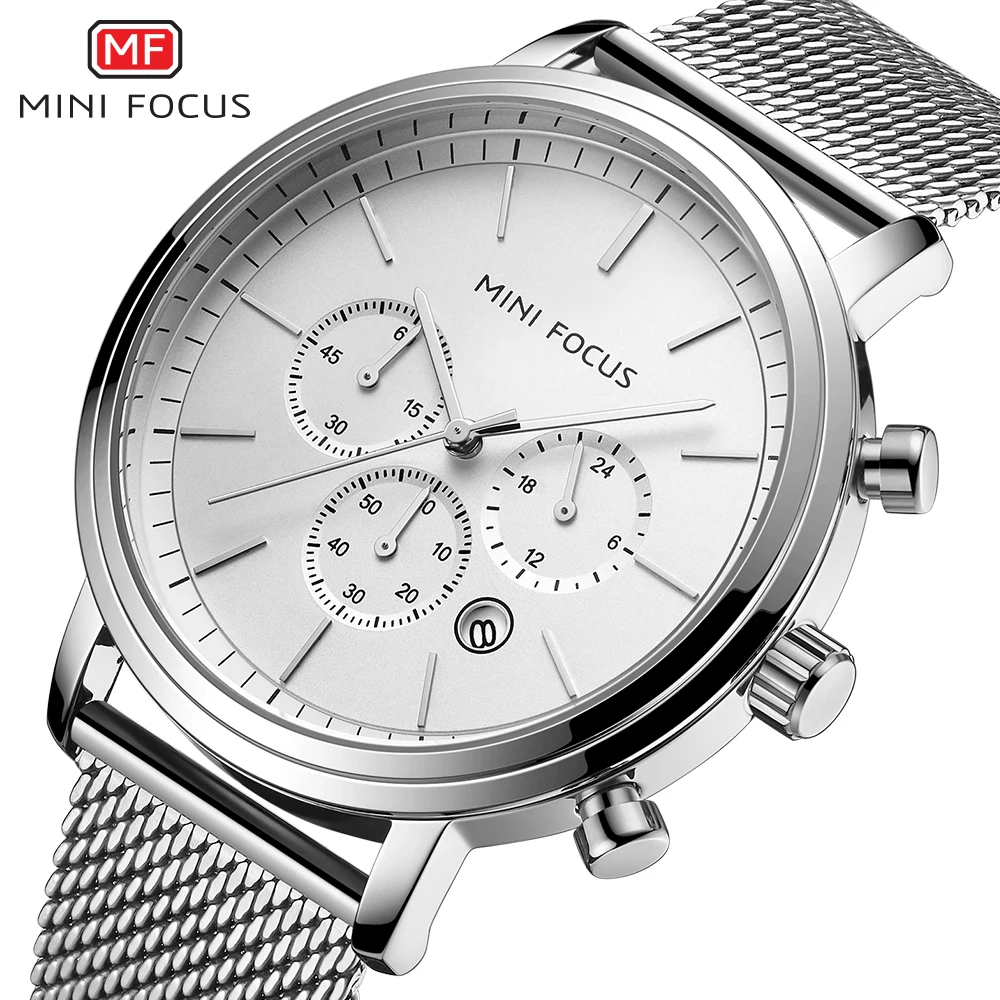 

Часы наручные MINIFOCUS мужские кварцевые, брендовые водонепроницаемые наручные, с сетчатым ремешком из нержавеющей стали, серебристые