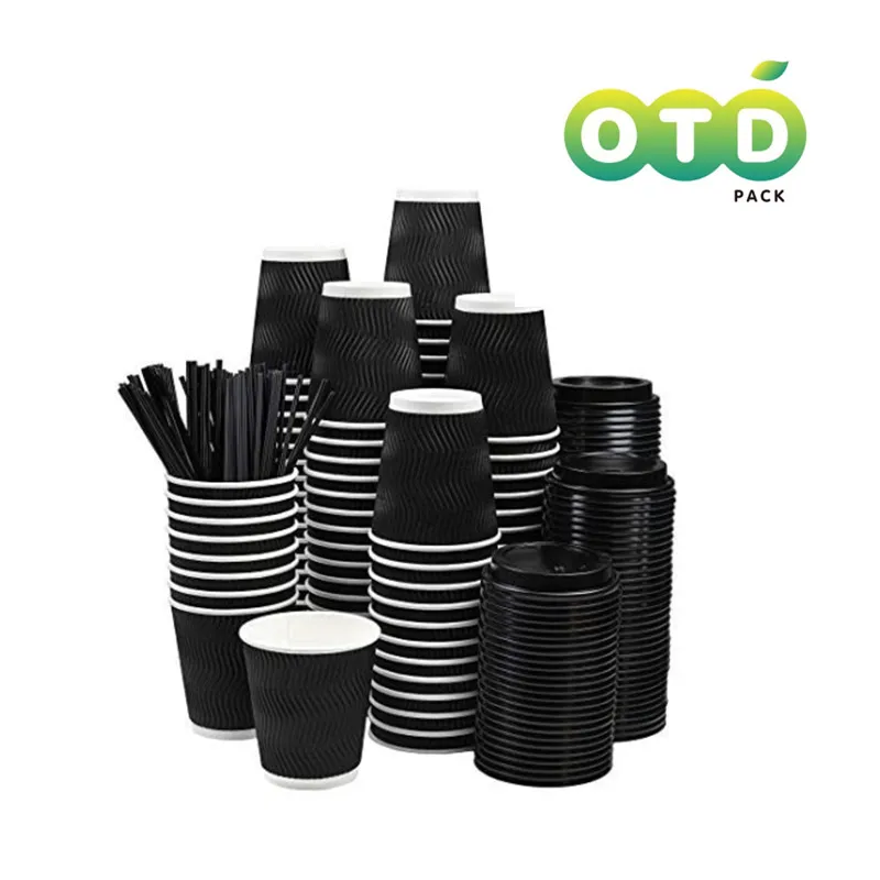 

Black Rippled Double Wall Paper Coffee Cups Disposable Cups With Lids[8/12/16oz Cup+Lid+Stirrer 20sets]