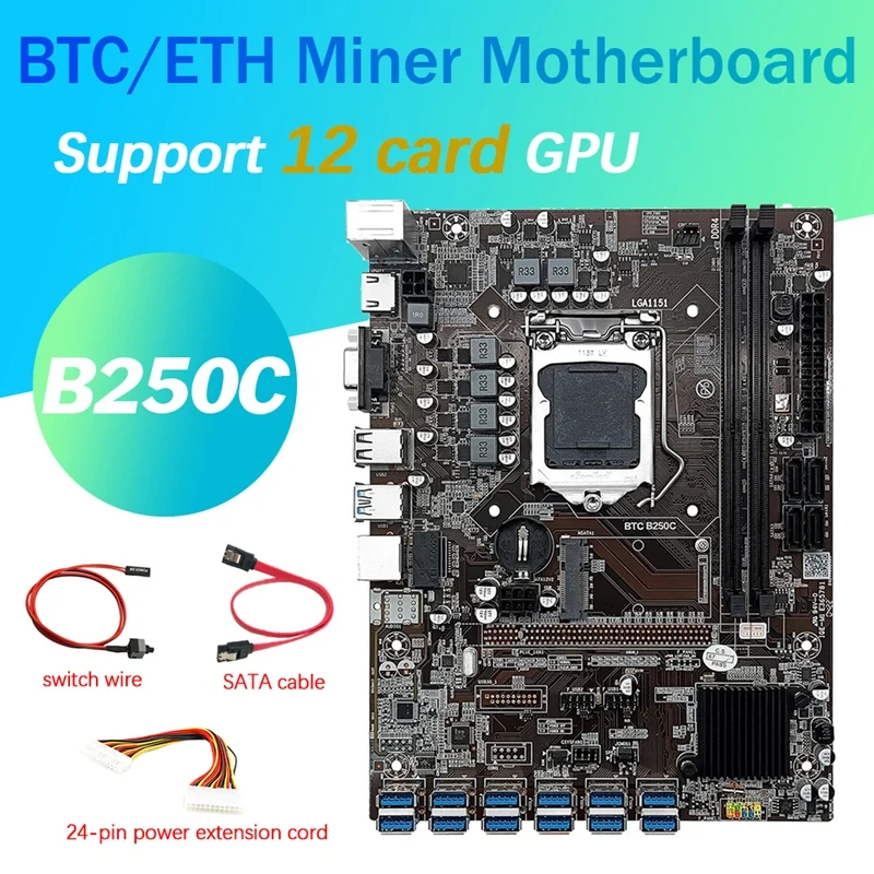 B250C 12 Card BTC Mining Motherboard+24Pin Power Extension Cable+SATA+Switch Cable 12 USB3.0(PCIE) LGA1151 DDR4 MSATA