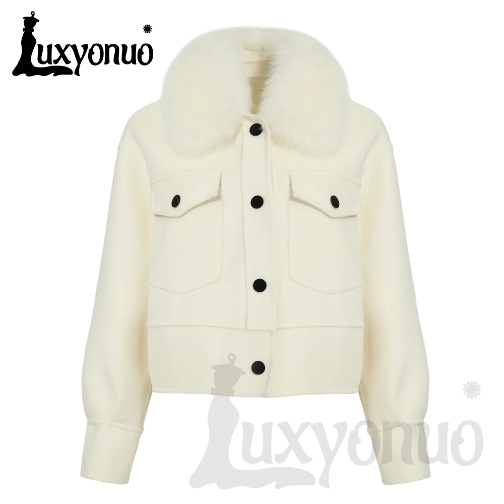 damski Luxyonuo wiosenny kołnierz z prawdziwego futra lisa wełniana kurtka damska jesienno-zimowa modny jednokolorowy płaszcz pełnymi rękawami