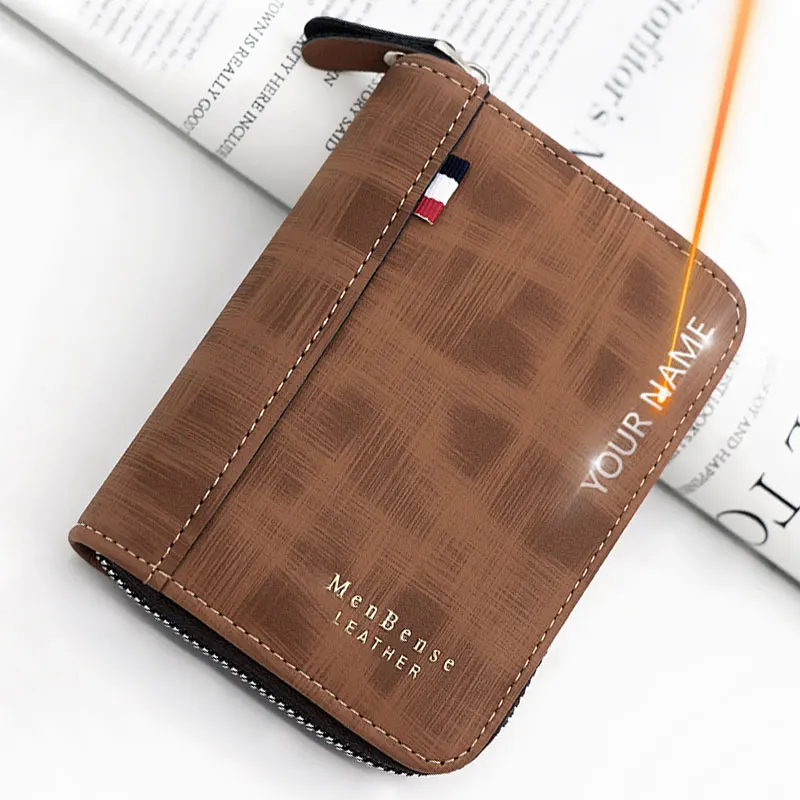 

New Short Men Wallets Luxury Zipper Coin Pocket Card Holder Free Name Print Male Purses High Quality Money Clips Men's Wallet