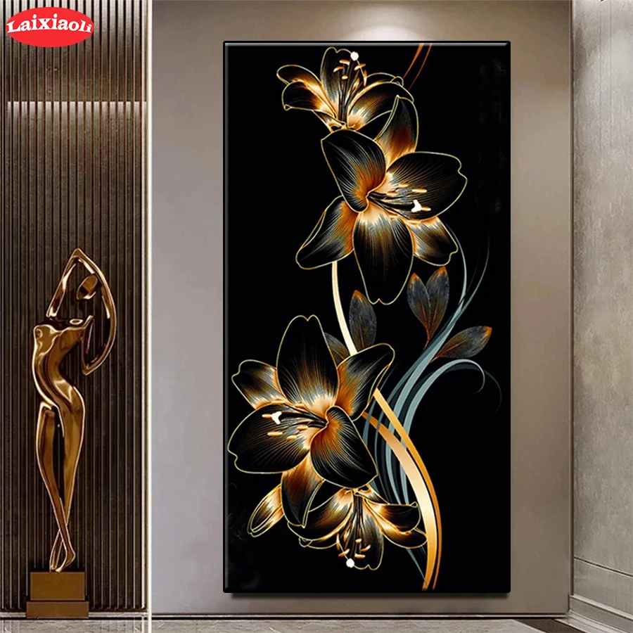 

Алмазная вышивка абстрактный золотой цветок в современном искусстве, алмазная живопись, полная квадратная круглая мозаика, вышивка крести...