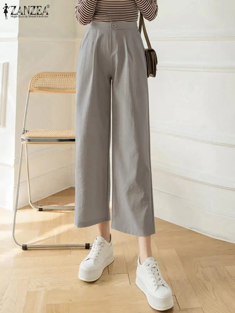 

Women Wide Leg Straight Long Trousers ZANZEA Fashion Elastic High Waist Pants Casual Loose Solid Color Pantalons 2023 New Bottom