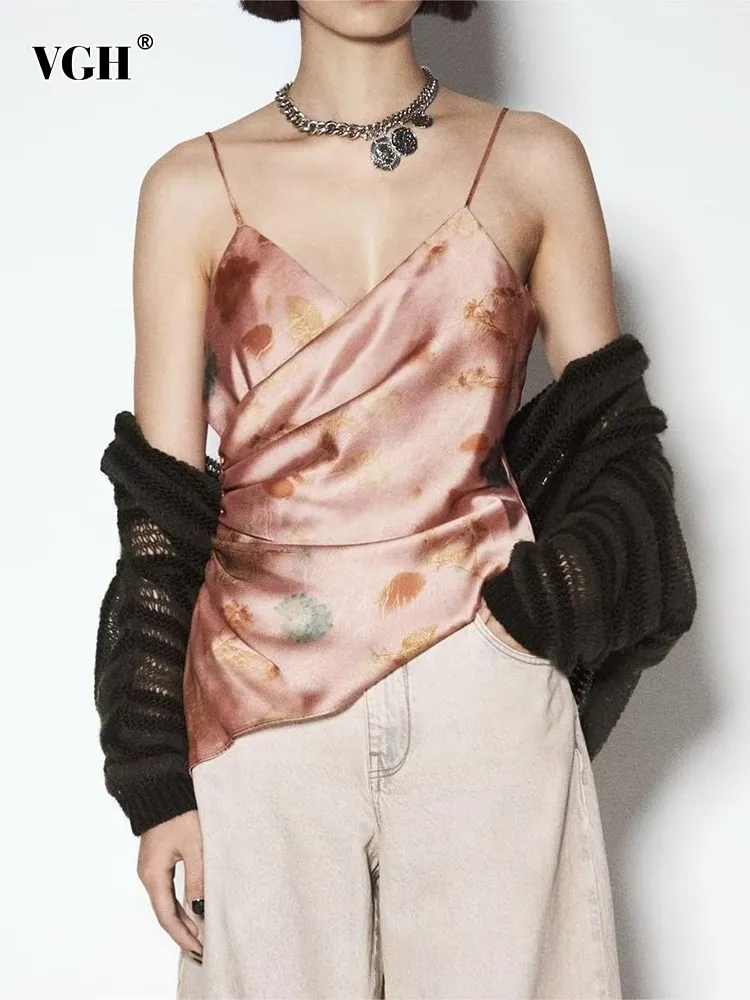 

VGH colorblock printing folds tank tops for women square collar sleeveless off shoulder sexy backless vest female fashion new