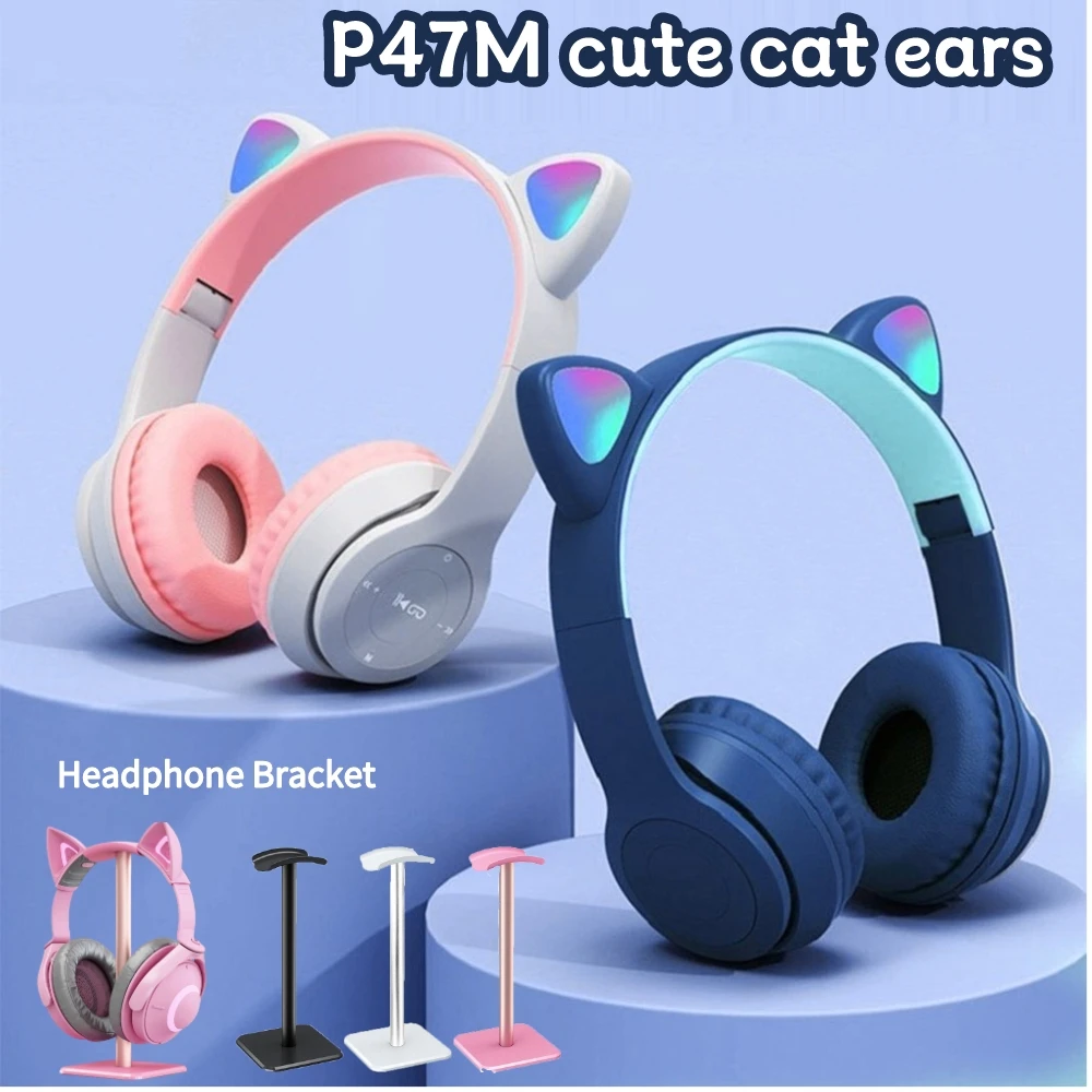 Wireless Headphones Cat Ear Bluetooth-Compatible Helmets Stereo Bass Over-Ear Headsets Sports Headphones for Kids and Adult