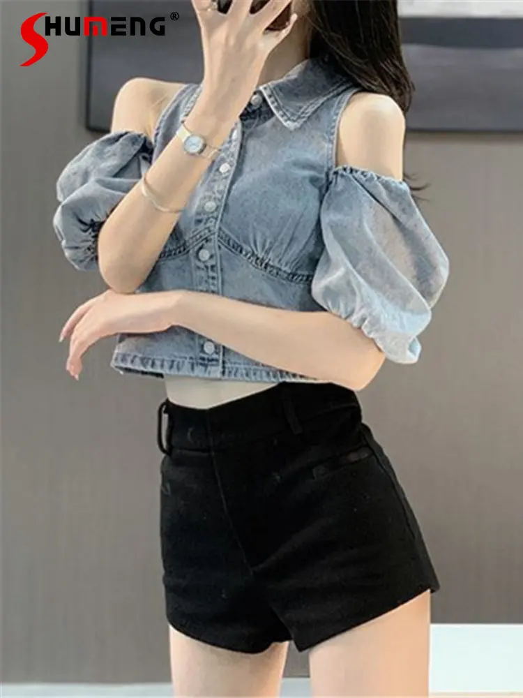 

Женская джинсовая рубашка с открытыми плечами, голубая привлекательная футболка в корейском ретро стиле с коротким рукавом, Новинка лета 2023