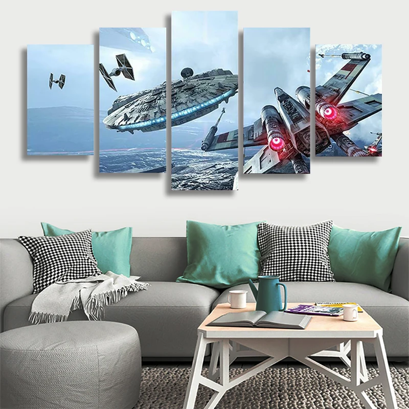 

5 Pieces Canvas Wall Art Painting Star Movie Poster Spaceship Battle Scene Picture Decorative Frame Kids Room Decor