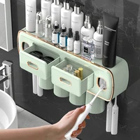 magnetic adsorption inverted toothbrush holder 2 automatic toothpaste squeezer dispenser storage rack bathroom accessories set