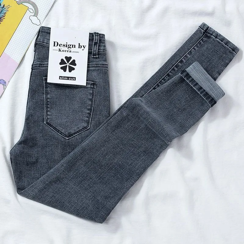Jeans denim women's decoration thin Korean all-match nine points pencil pencil feet pants autumn