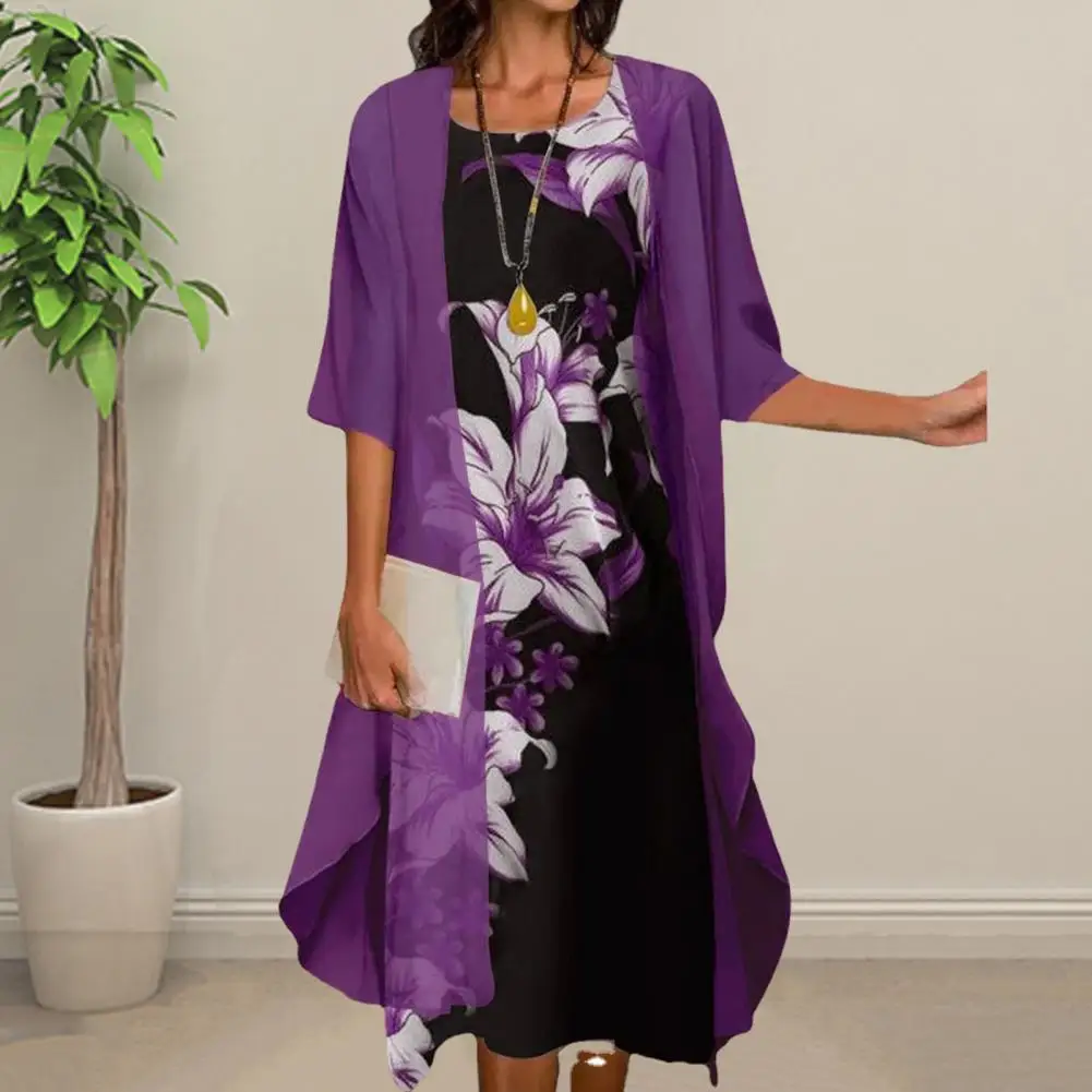 

2Pcs/Set Gown Dress Shawl Loose Fit Women Dress Cardigan Floral Print Holiday Dress Thin Chiffon Shawl Set