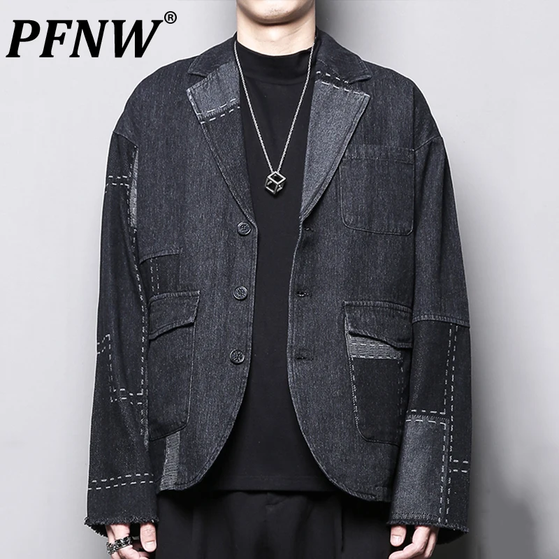 

PFNW Autumn New Men's Handsome Denim Suit Coat Patchwork Niche Trend Washed Worn Out Vintage High Street Casual Blazers 28A3548