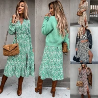 womens crushed flowers sexy open dresses long sleeved fall dresses foral dress v neck slim fit dress flared sleeve dress