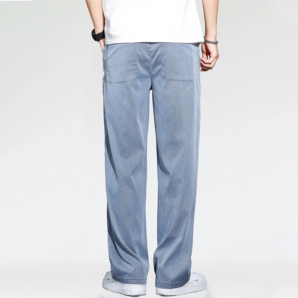 Men Summer Thin Jeans Soft Lyocell Fabric Loose Straight Baggy Pants Drawstring Elastic Wasit Korea Casual Trouser Plus Size 5XL