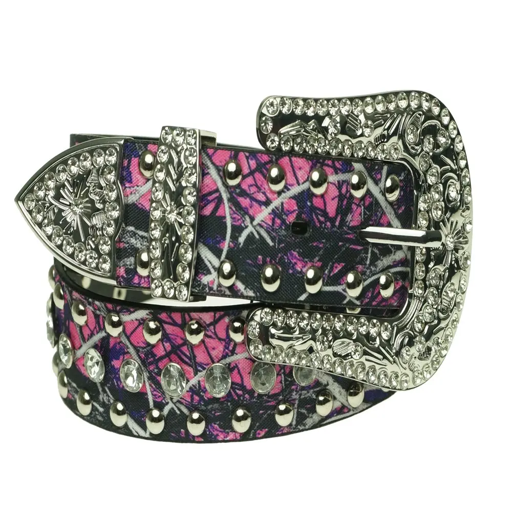 

2023 Kinsey Rhea Muddy Girl Camouflage Western Rhinestone Studded Belt Pink Purple (XL) fast shipping